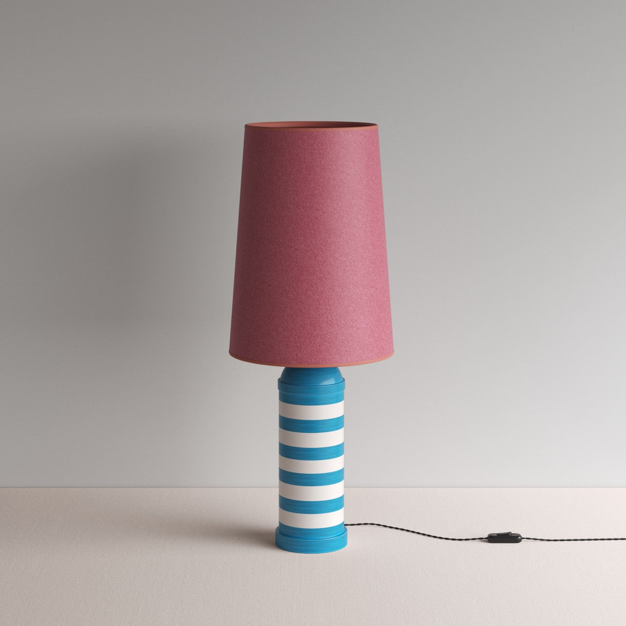Humbug Striped Ceramic Table Lamp Base in Blue & Warm White, With Whimsical Tall Straight Empire Lamp Shade in Burgundy - By NiX