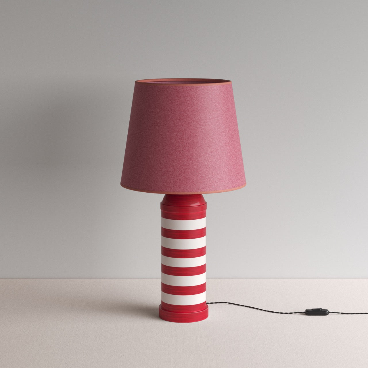 Humbug Striped Ceramic Table Lamp Base in Cherry Red & Warm White, With Humbug Straight Empire Paper Lampshade in Burgundy Paper with Pink Trim - By NiX