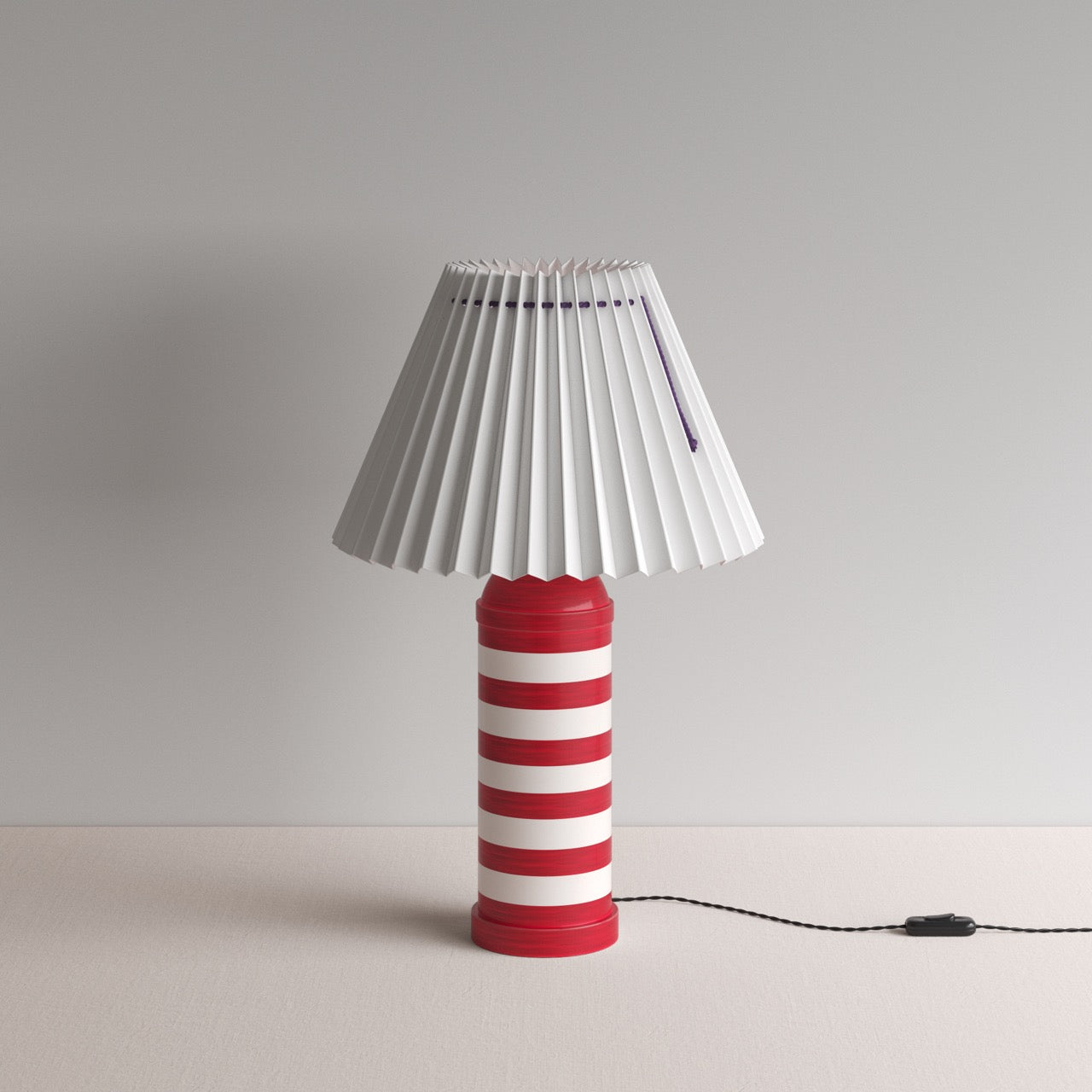 Humbug Striped Ceramic Table Lamp Base in Cherry Red & Warm White, With Sunburst Concertina Natural Pleat Lamp Shade with Blackberry Cord - By NiX