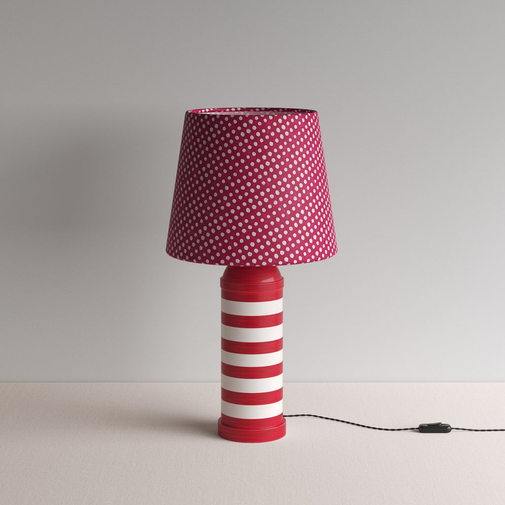 Humbug Striped Ceramic Table Lamp Base in Cherry Red & Warm White, With Humbug Straight Empire Batik Paper Lamp Shade in Dotty Maroon - By NiX