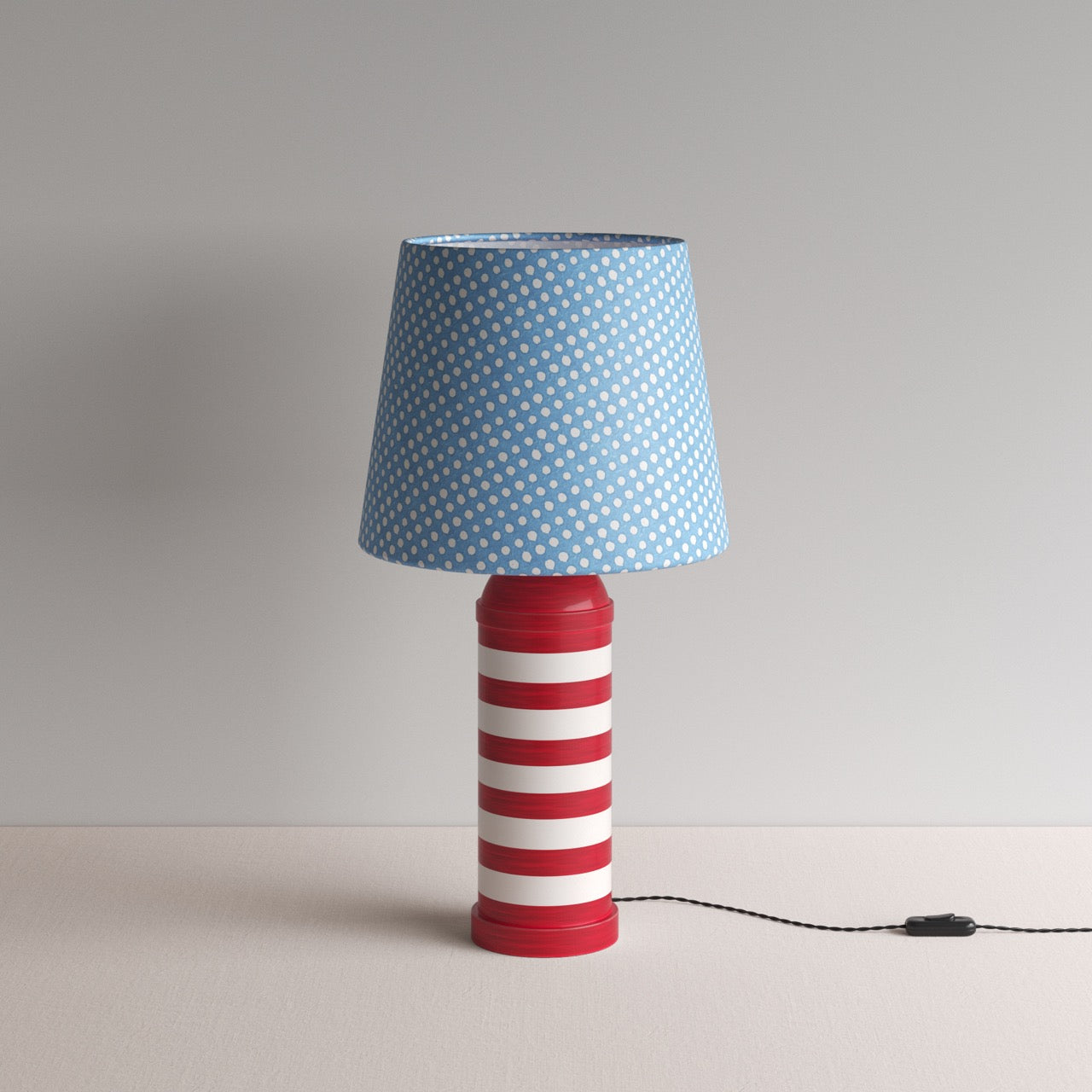 Humbug Striped Ceramic Table Lamp Base in Cherry Red & Warm White, With Humbug Straight Empire Batik Paper Lamp Shade in Dotty Sky Blue - By NiX