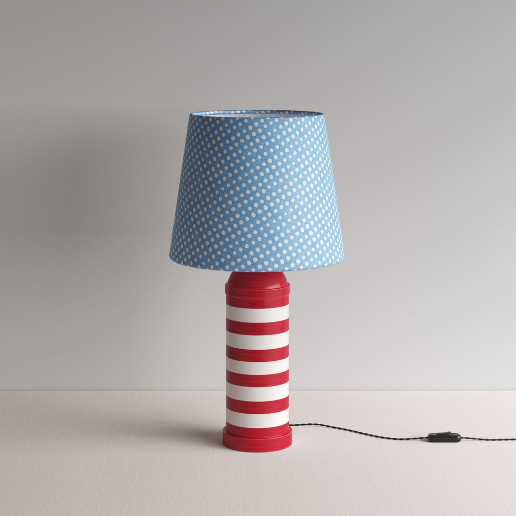 Humbug Striped Ceramic Table Lamp Base in Cherry Red & Warm White, With Humbug Straight Empire Batik Paper Lamp Shade in Dotty Sky Blue - By NiX