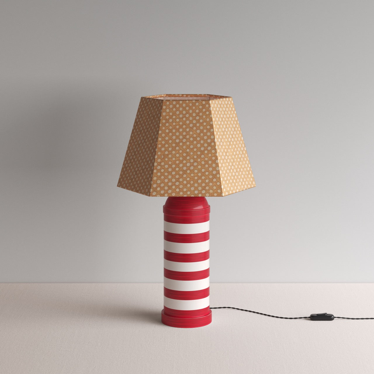 Humbug Striped Ceramic Table Lamp Base in Cherry Red & Warm White, With Townhouse Hexagonal Lamp Shade in Dotty Tan - By NiX