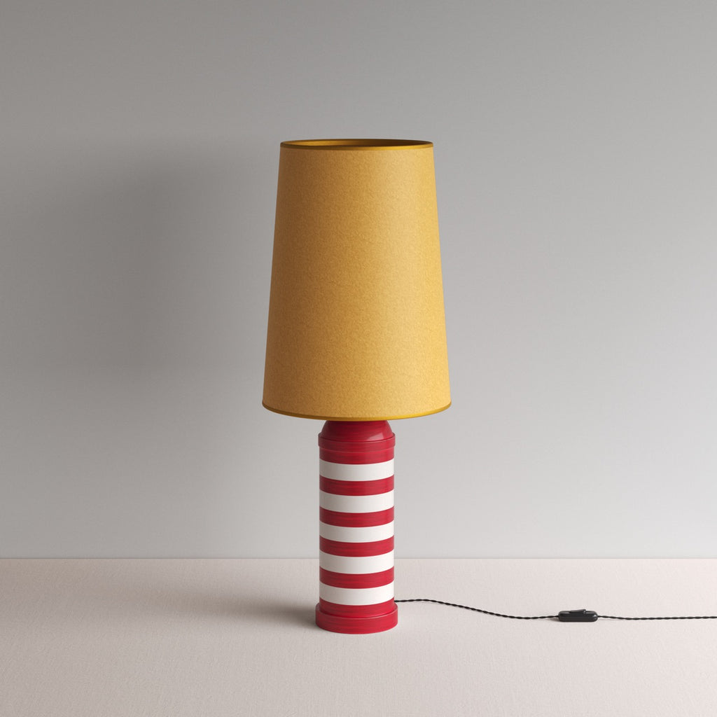 Humbug Striped Ceramic Table Lamp Base in Cherry Red & Warm White, With Whimsical Tall Straight Empire Lamp Shade in Mustard with Antiqued Gold Trim - By NiX