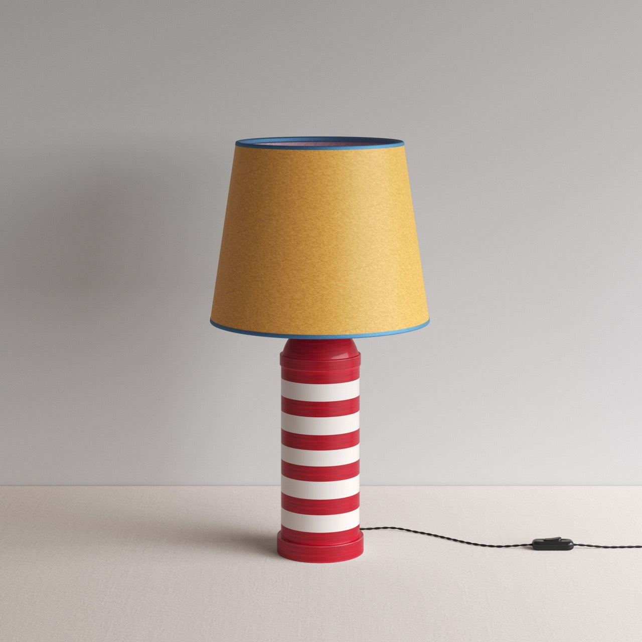 Humbug Striped Ceramic Table Lamp Base in Cherry Red & Warm White, With Humbug Straight Empire Paper Lamp Shade in Mustard with Blue Trim - By NiX