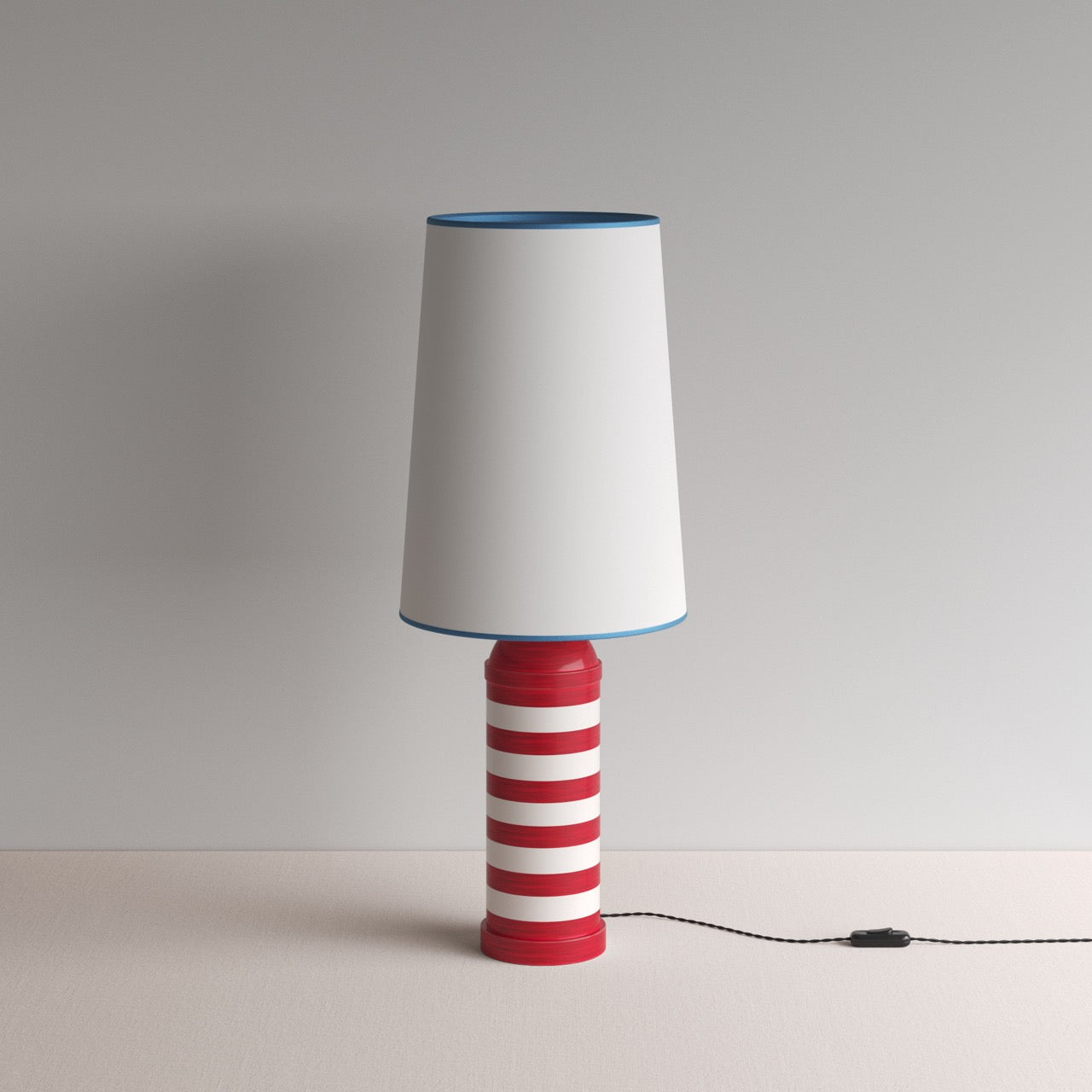 Humbug Striped Ceramic Table Lamp Base in Cherry Red & Warm White, With Whimsical Tall Straight Empire Lamp Shade in Soft White with Peacock Blue Trim - By NiX