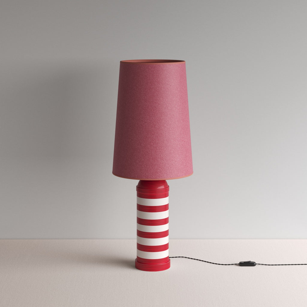 Humbug Striped Ceramic Table Lamp Base in Cherry Red & Warm White, With Whimsical Tall Straight Empire Lamp Shade in Burgundy - By NiX