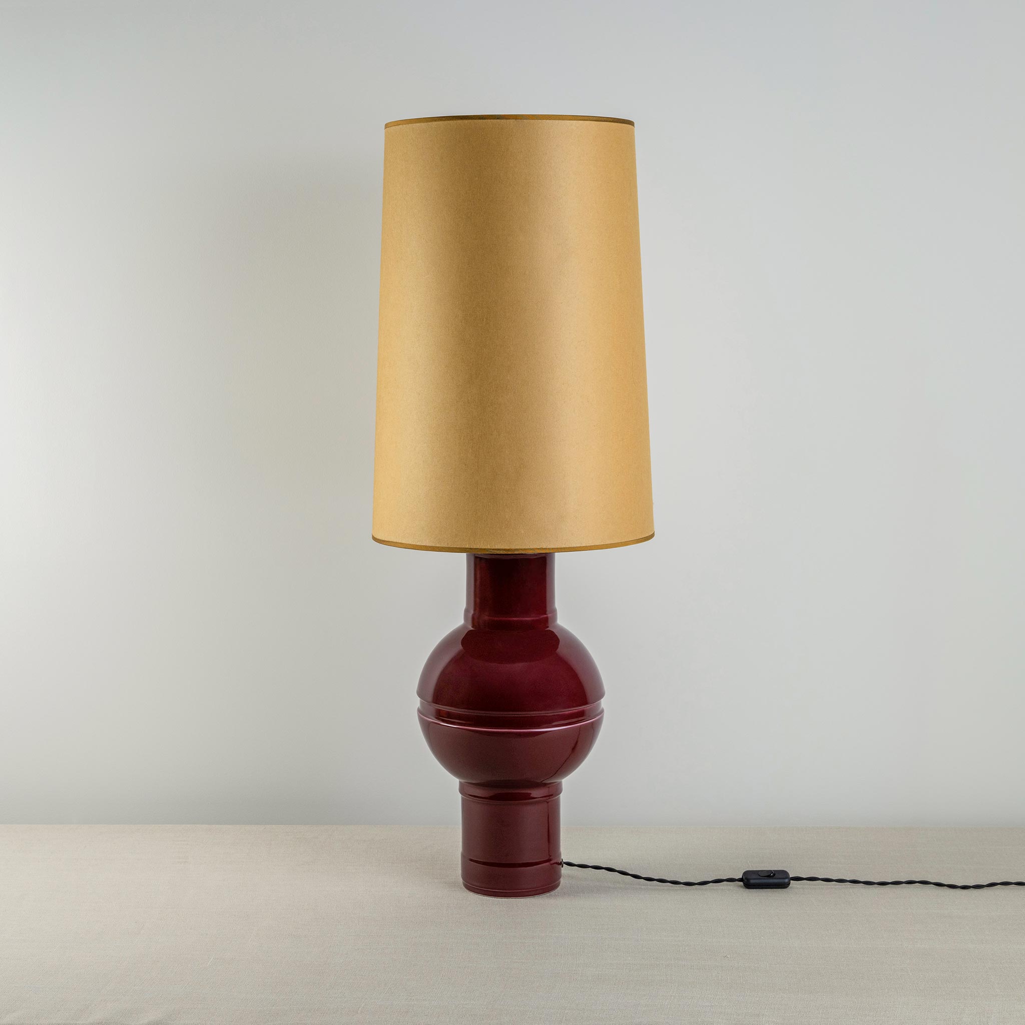 Orb Ceramic Table Lamp Base in Red, With Whimsical Tall Straight Empire Lamp Shade in Mustard with Antiqued Gold Trim - Nicola Harding