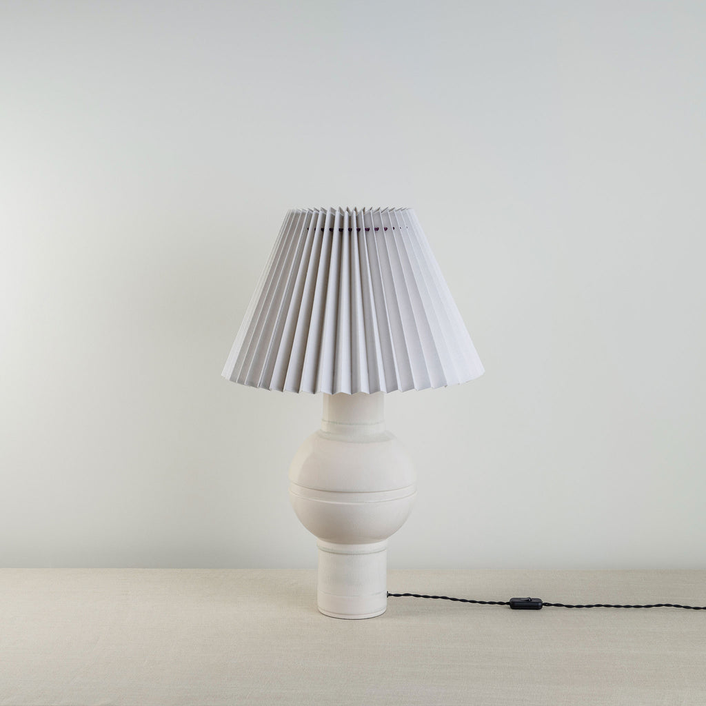 Orb Ceramic Table Lamp Base in Warm White, With Sunburst Concertina Natural Pleat Lamp Shade with Blackberry Cord - By NiX