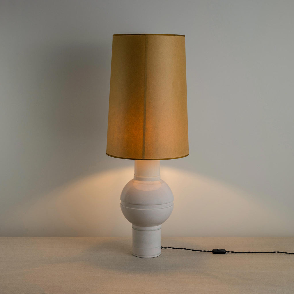 Orb Ceramic Table Lamp Base in Warm White, With Whimsical Tall Straight Empire Lamp Shade in Mustard with Antiqued Gold Trim With Lights 'ON' - By NiX