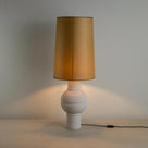 Orb Ceramic Table Lamp Base in Warm White, With Whimsical Tall Straight Empire Lamp Shade in Mustard with Antiqued Gold Trim With Lights 'ON' - By NiX