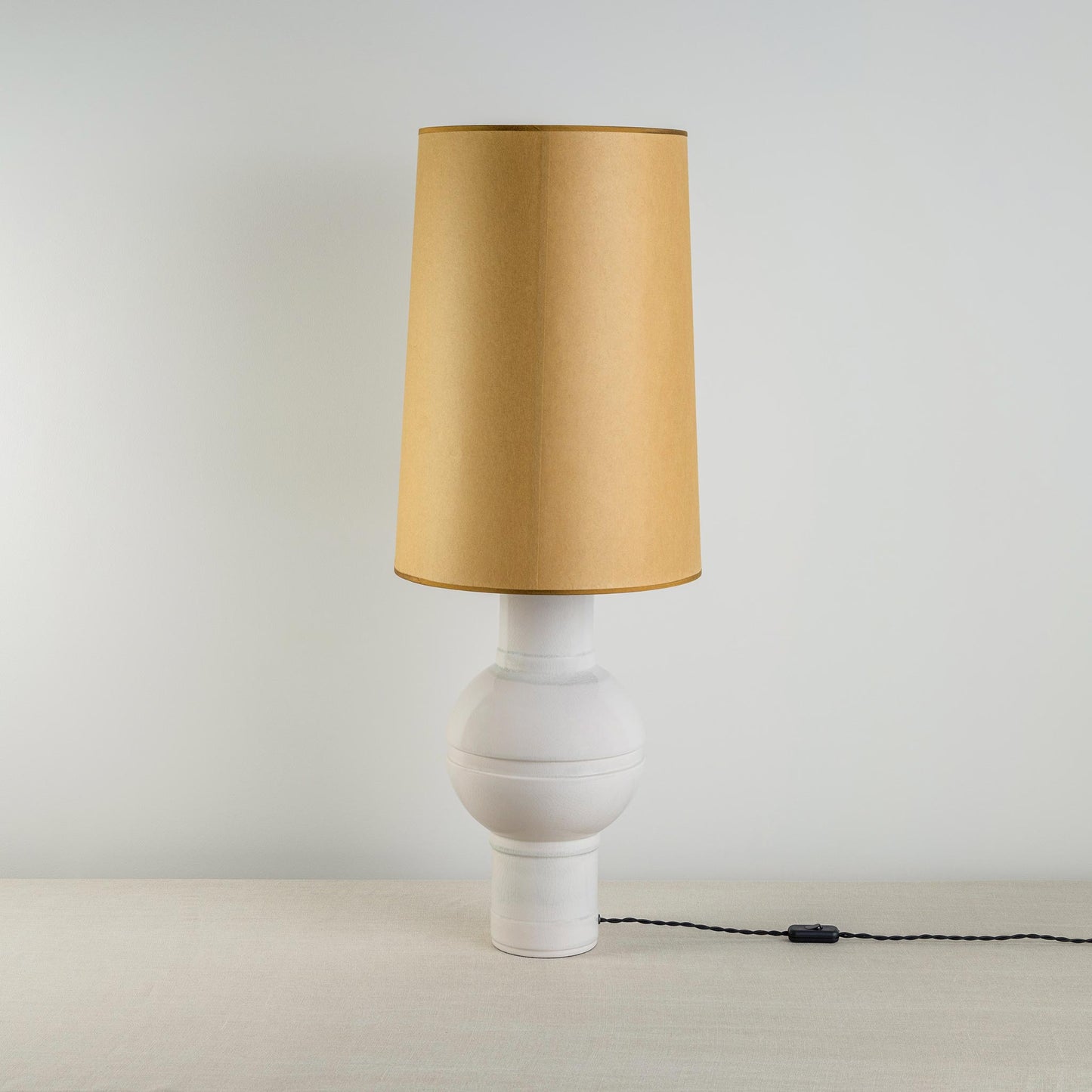 Orb Ceramic Table Lamp Base in Warm White, With Whimsical Tall Straight Empire Lamp Shade in Mustard with Antiqued Gold Trim - By NiX