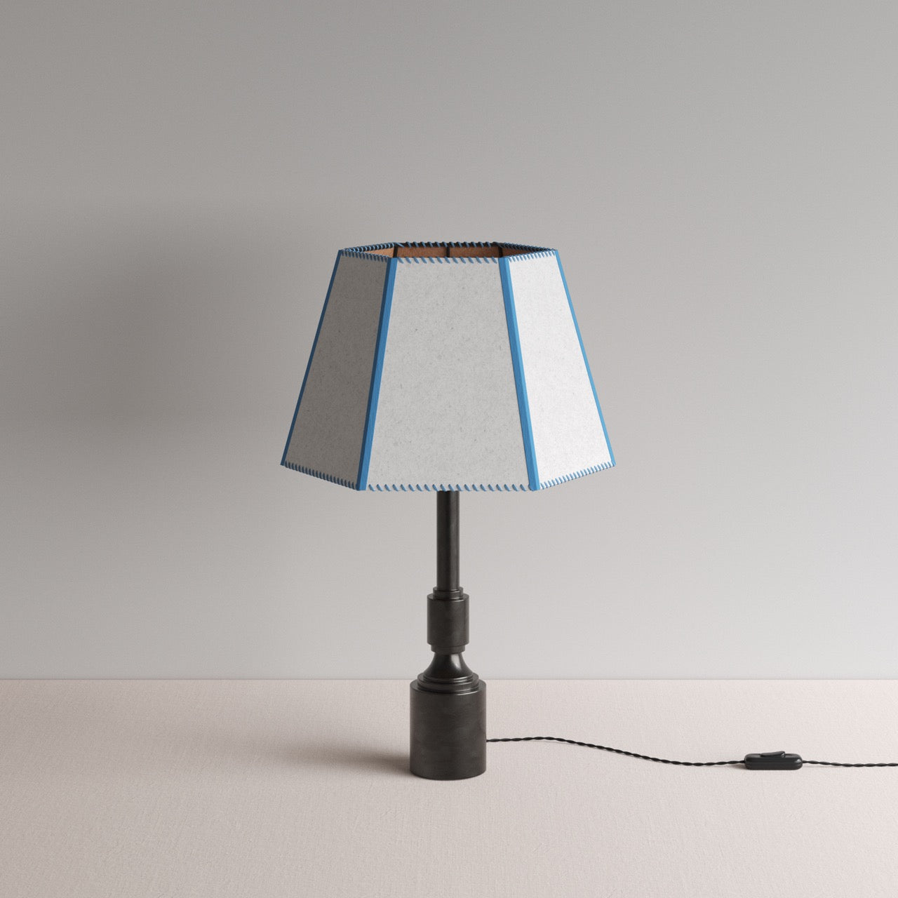 Waxed solid brass lamp base with white and blue trim lampshade - By NiX