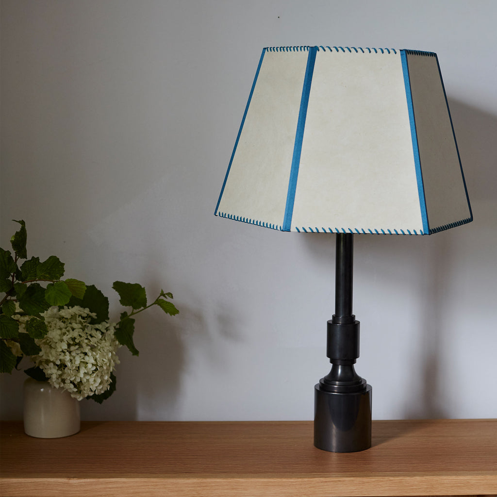Waxed solid brass lamp base with white and blue trim lampshade - By NiX