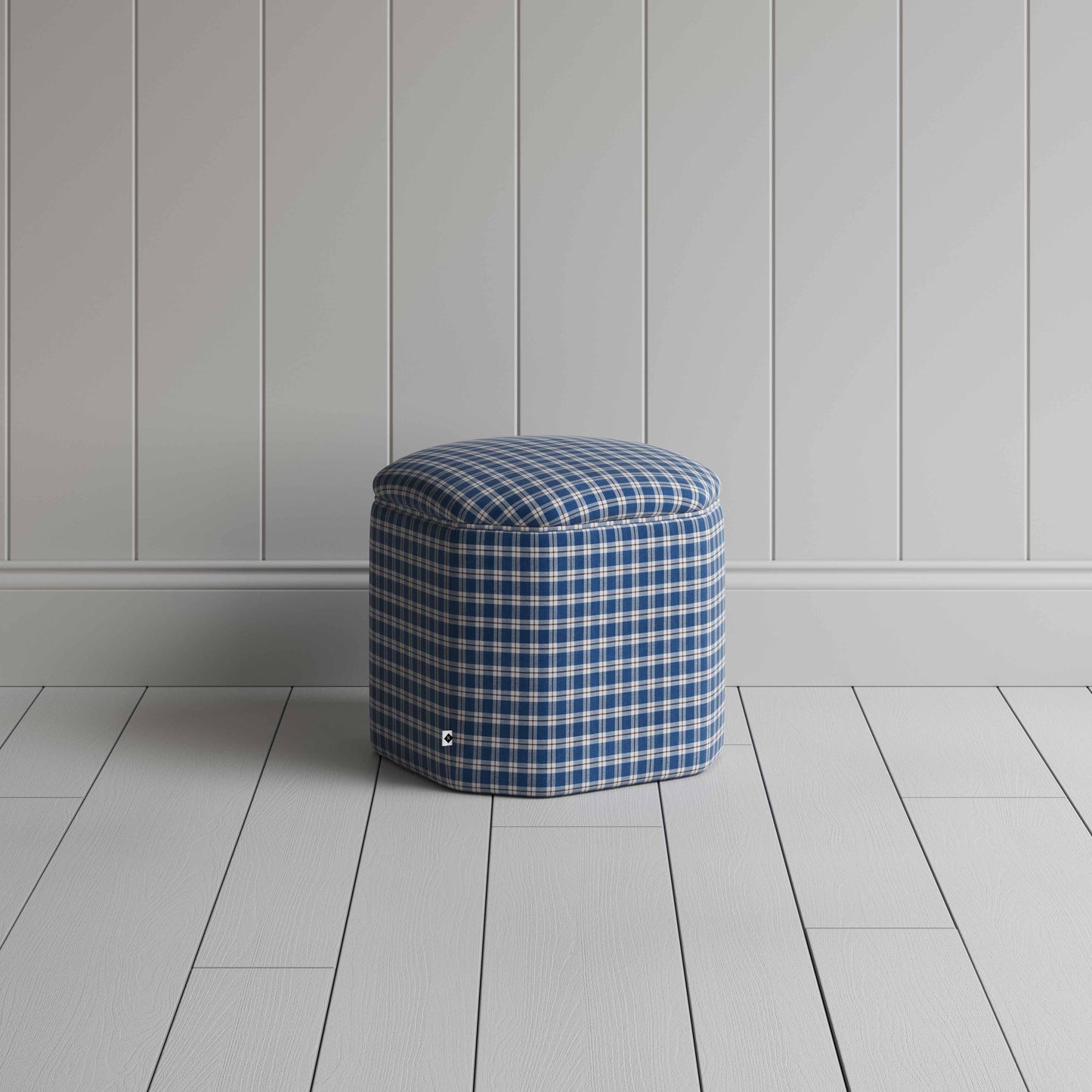 Thither Hexagonal Ottoman in Well Plaid Cotton, Blue Brown