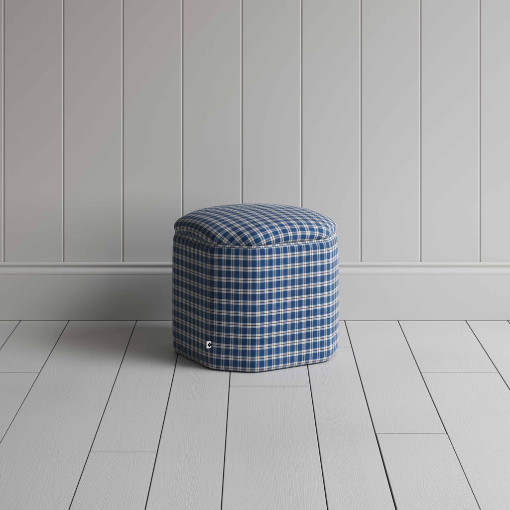 Thither Hexagonal Ottoman in Well Plaid Cotton, Blue Brown - NiX