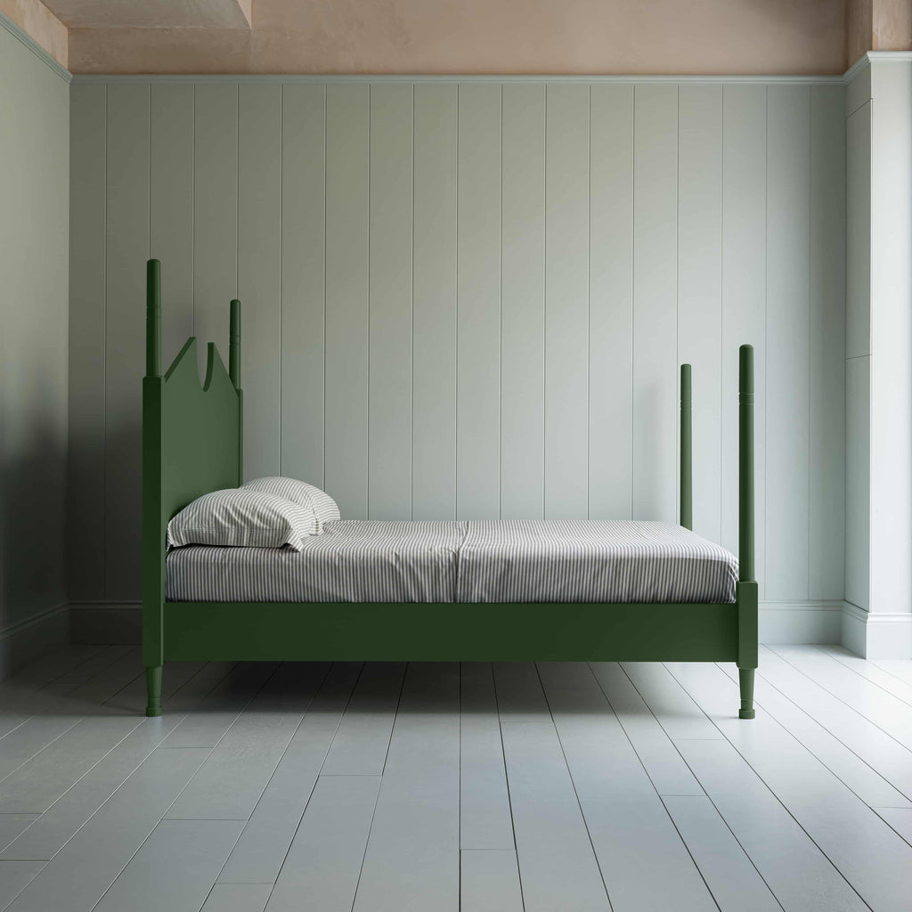 Out for the Count Three Quarter Poster Bed in Sage Green Side View With Mattress and pillows - NiX