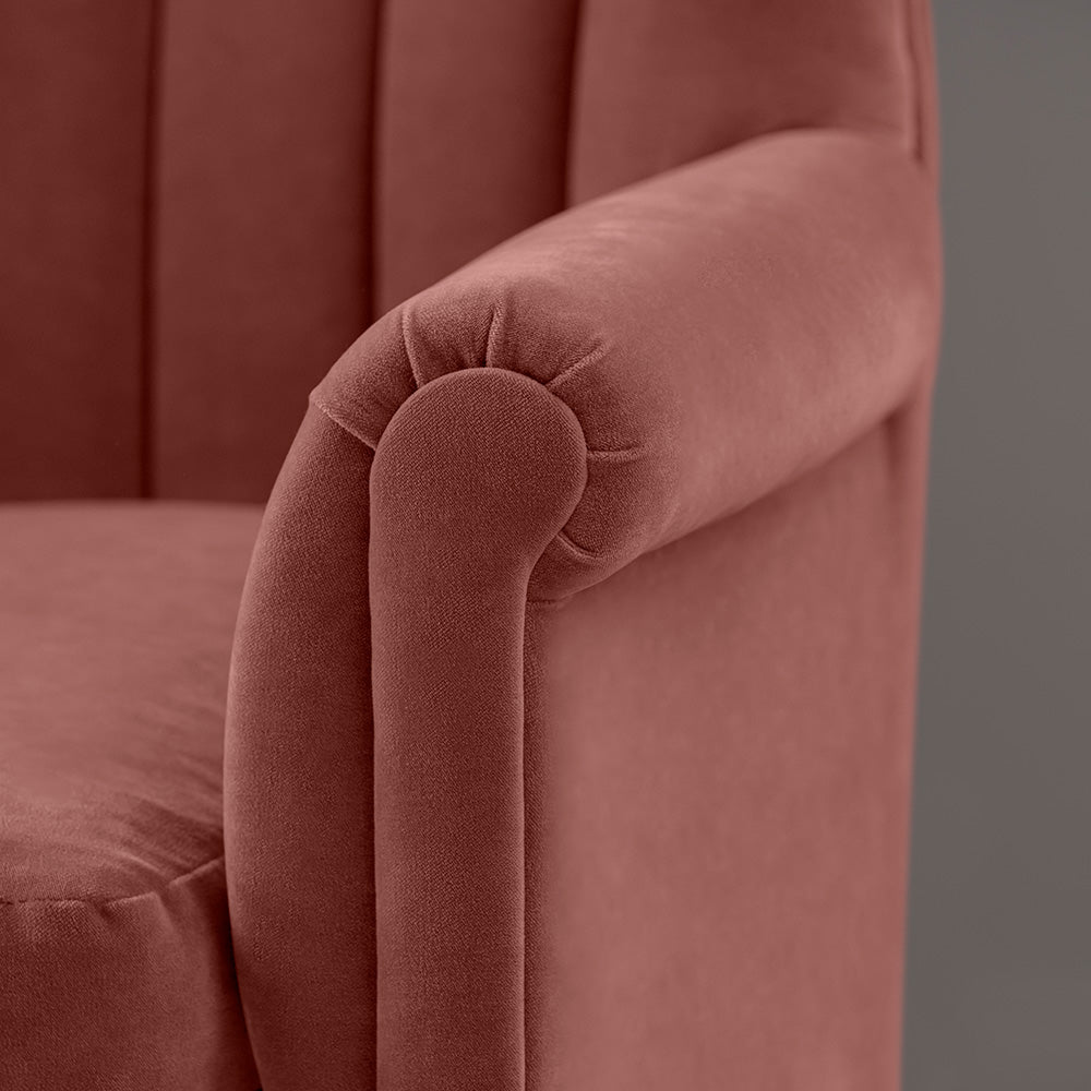 Elegant Arm Design Closeup of Time Out Armchair in Intelligent Velvet Damson - By NiX