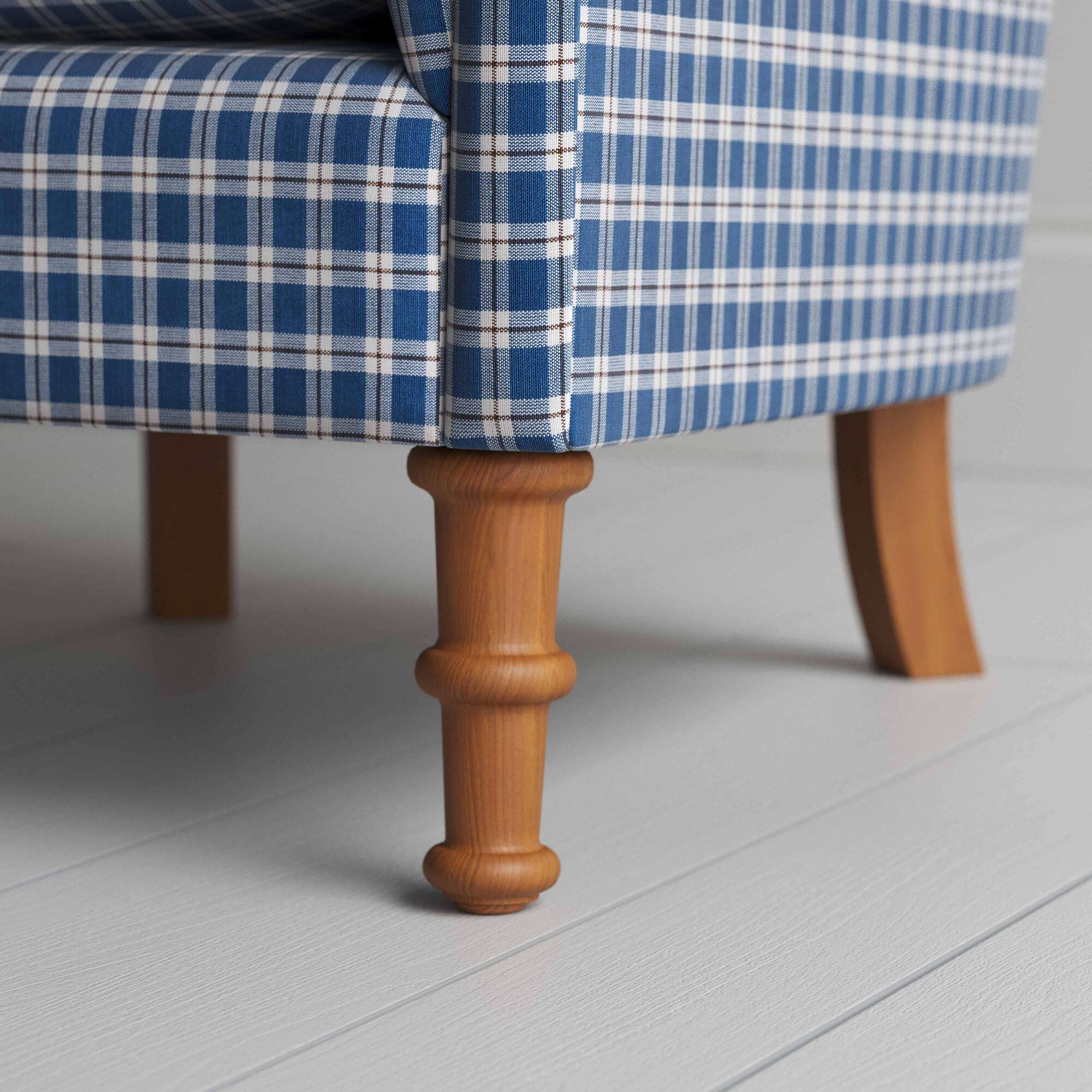 Time Out Armchair in Well Plaid Cotton, Blue Brown, Front Wooden Foot Design Closeup - NiX