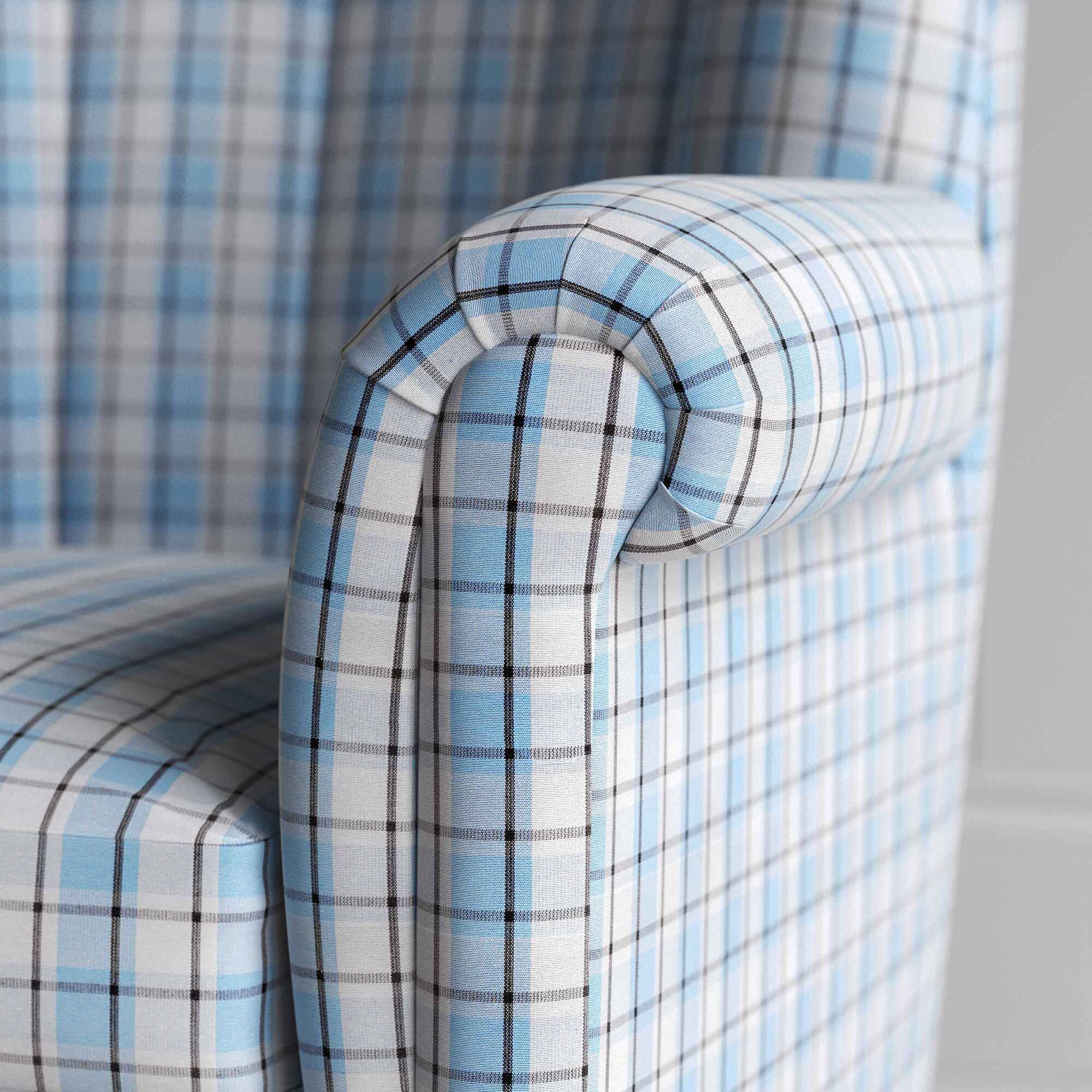 Time Out Armchair in Square Deal Cotton, Blue Brown, Arm Design Closeup - NiX