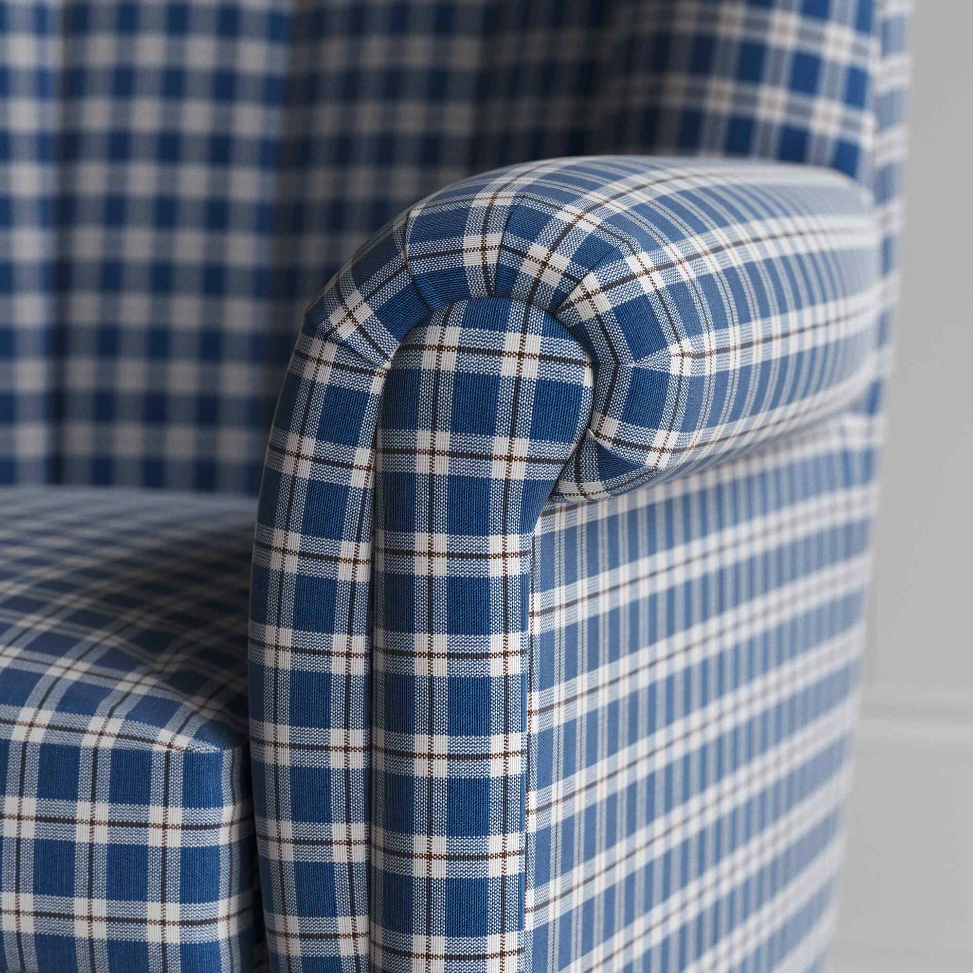 Time Out Armchair in Well Plaid Cotton, Blue Brown, Arm Design Closeup - NiX