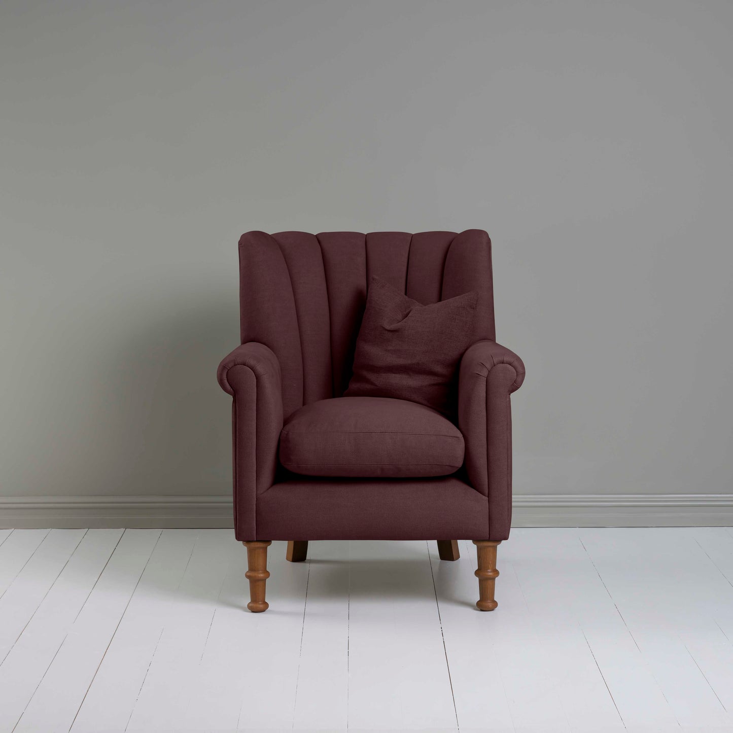 Time Out Armchair in Laidback Linen Damson, Front View With Matching Cushion on it - NiX