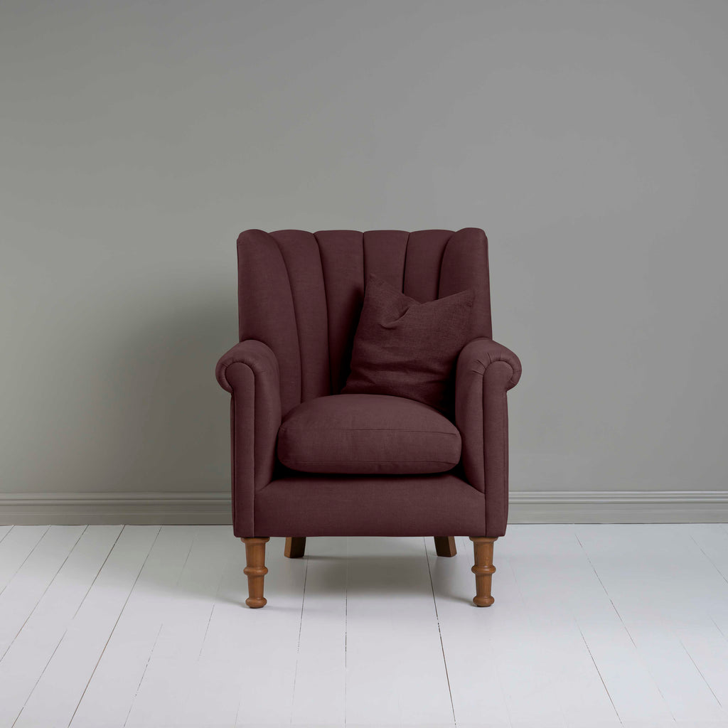 Time Out Armchair in Laidback Linen Damson, Front View With Matching Cushion on it - NiX