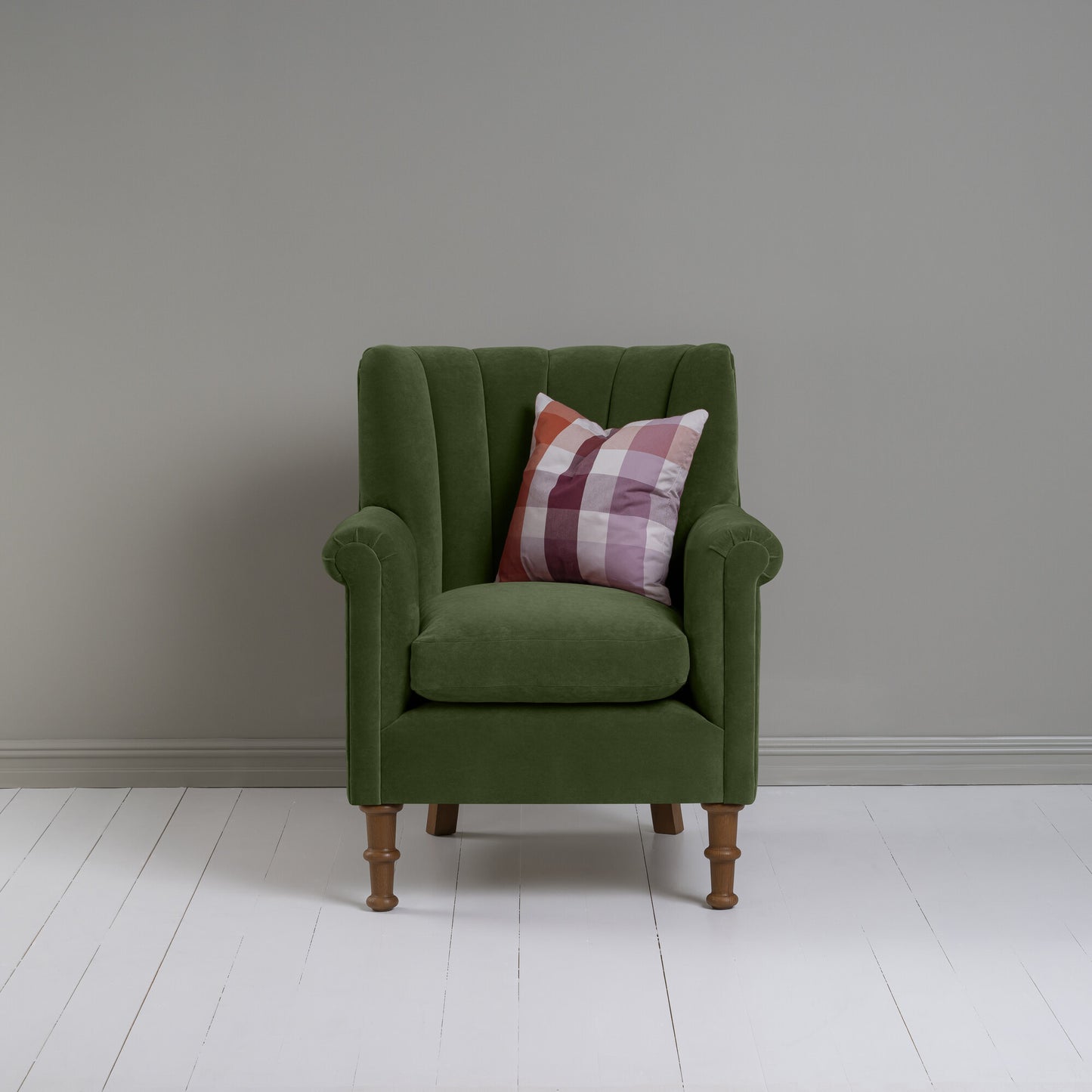 Time Out Armchair in Intelligent Velvet Juniper, Front View With Cushion - NiX