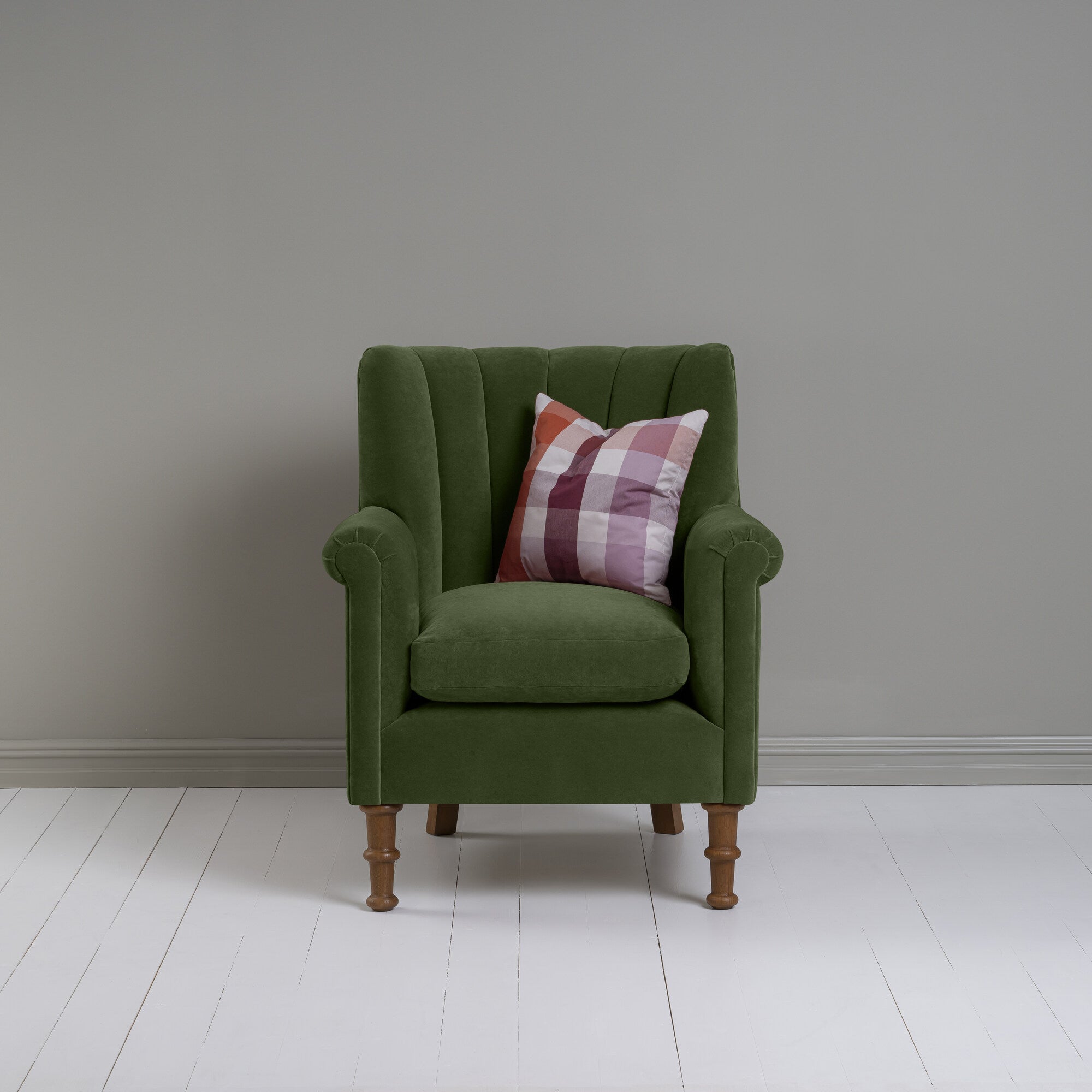 Time Out Armchair in Intelligent Velvet Juniper, Front View With Cushion - NiX