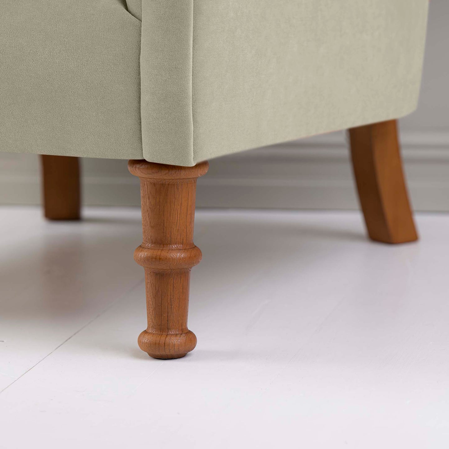 Time Out Armchair in Intelligent Velvet Moonstone, Front Foot Design Closeup - NiX