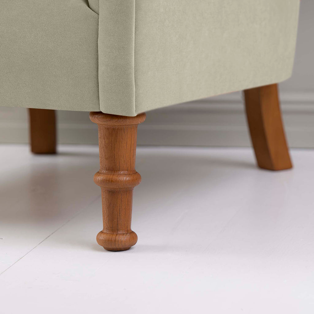 Time Out Armchair in Intelligent Velvet Moonstone, Front Foot Design Closeup - NiX