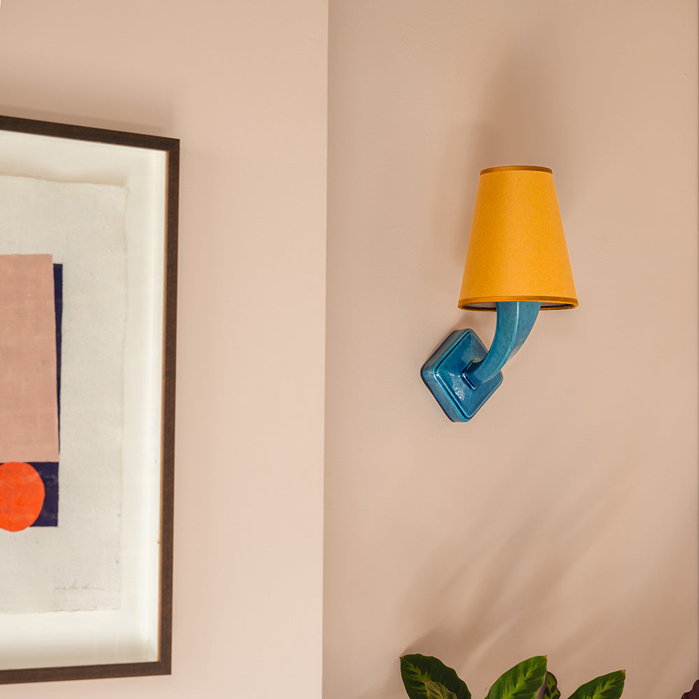 Wall Light Bright Spark Ceramic Sea Blue Base, With Beautiful Lampshade With Golden Trim - By NiX