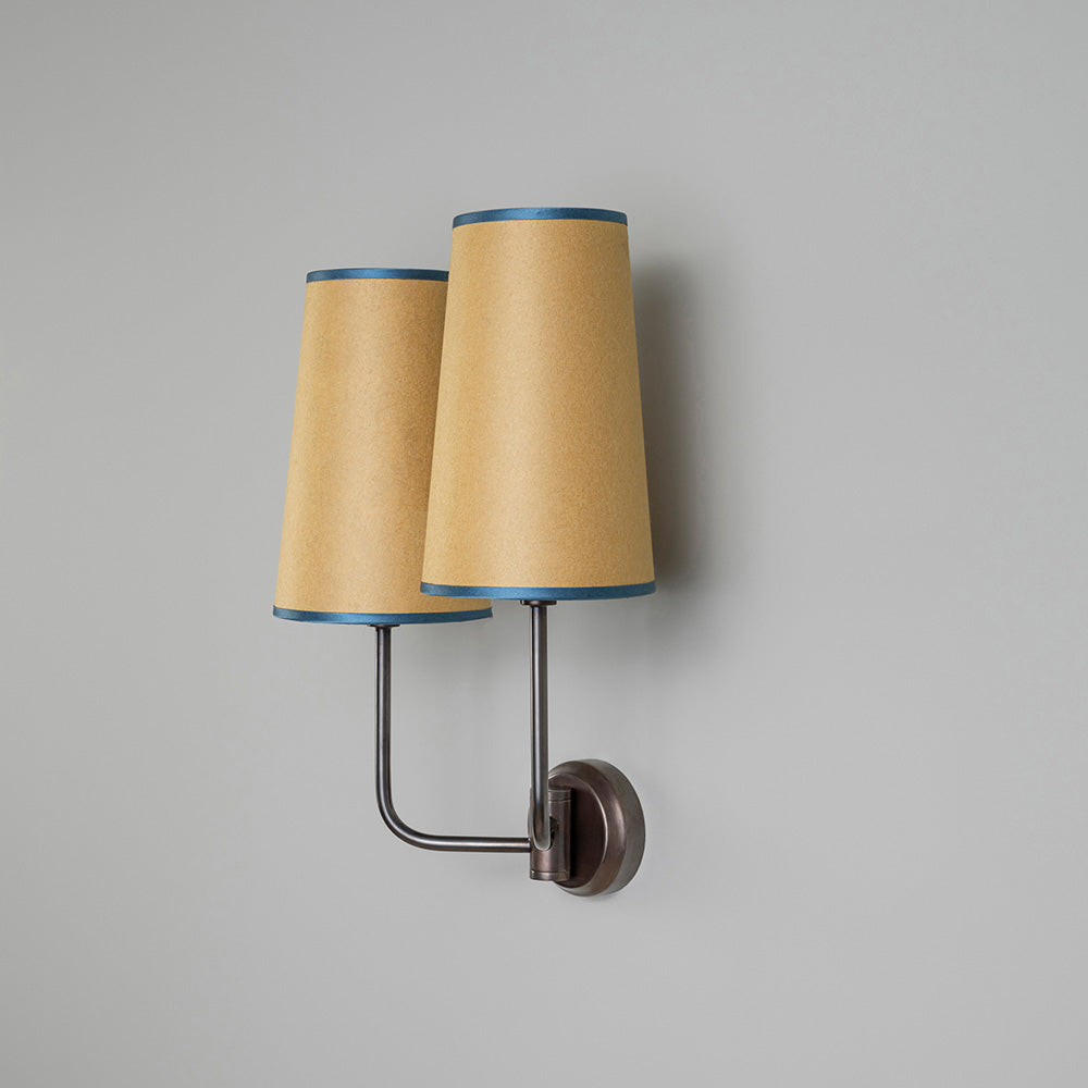 Double Trouble Waxed Brass Wall Light With Mustard Lamp Shades