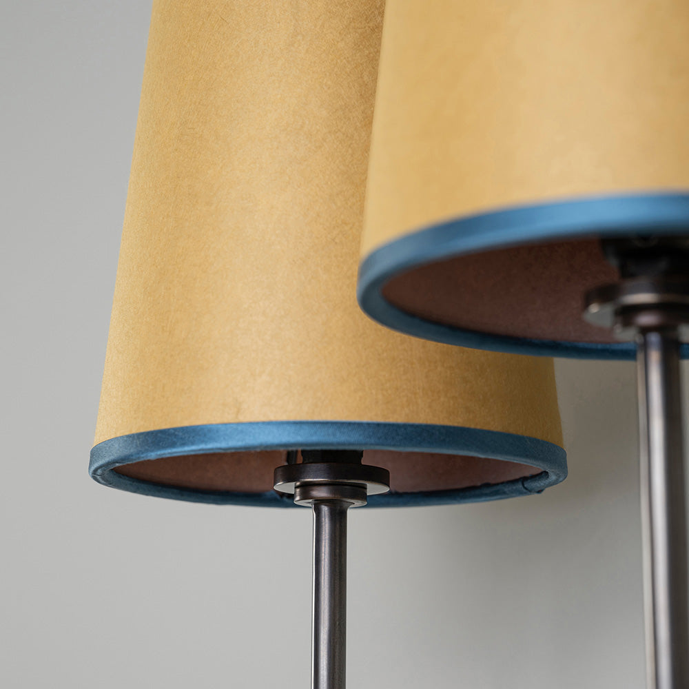 Double Trouble Waxed Brass Wall Light With Mustard Lamp Shades