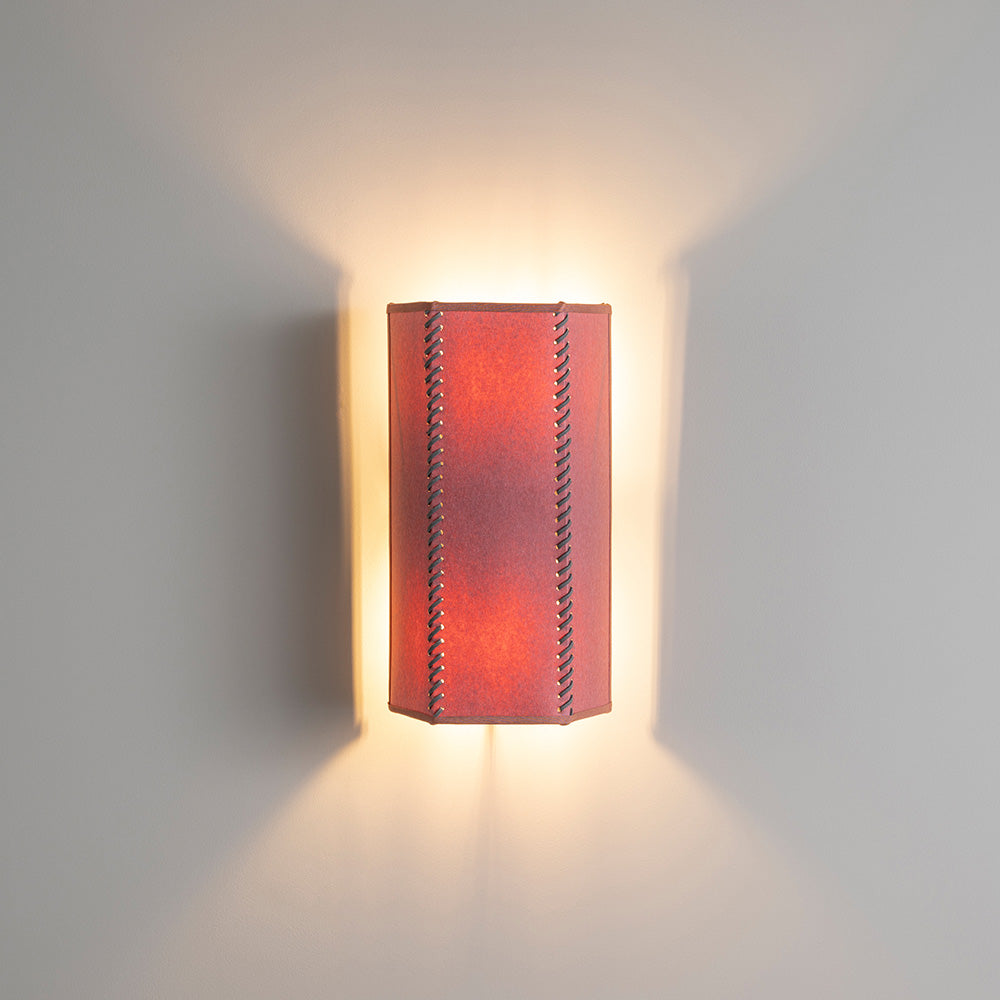 Stitch In Time Wall Light in Burgundy with Muted Pink Trim, With Lights 'ON' - Nicola Harding & Co.