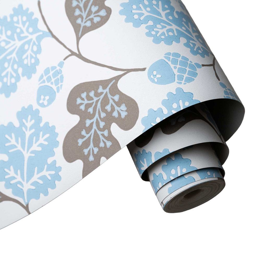 Acorn Wallpaper in Sugarbag Blue and Mushroom