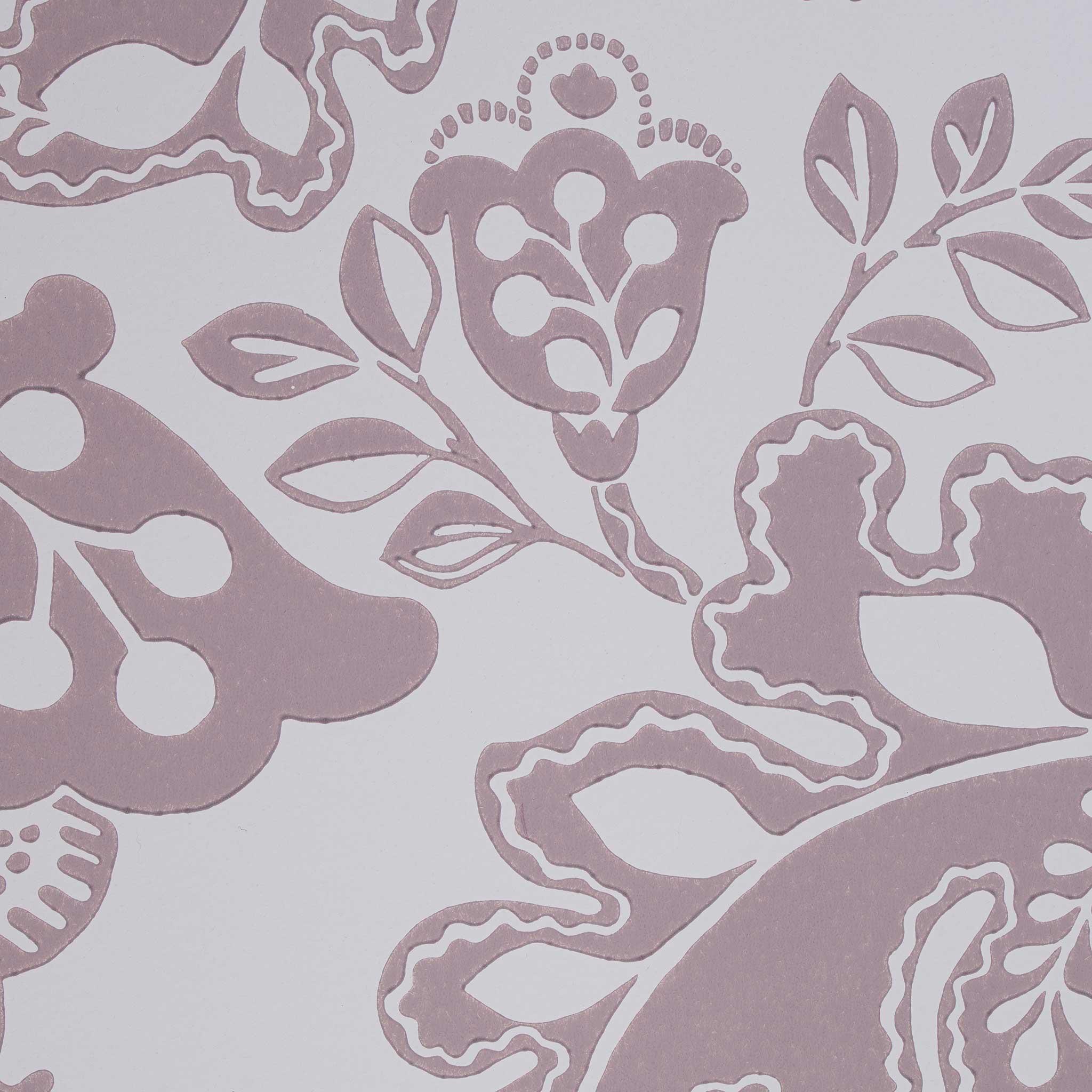 Close-up design of Albion wallpaper in Mauve, created by Nicola Harding.