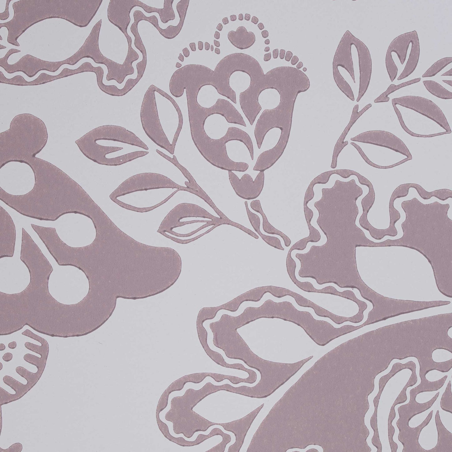 Close-up design of Albion wallpaper in Mauve, created by Nicola Harding.