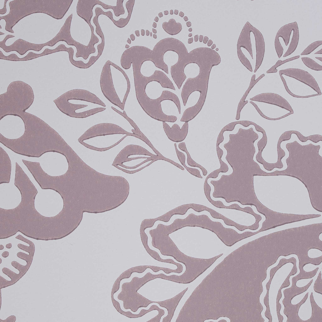Close-up design of Albion wallpaper in Mauve, created by Nicola Harding.