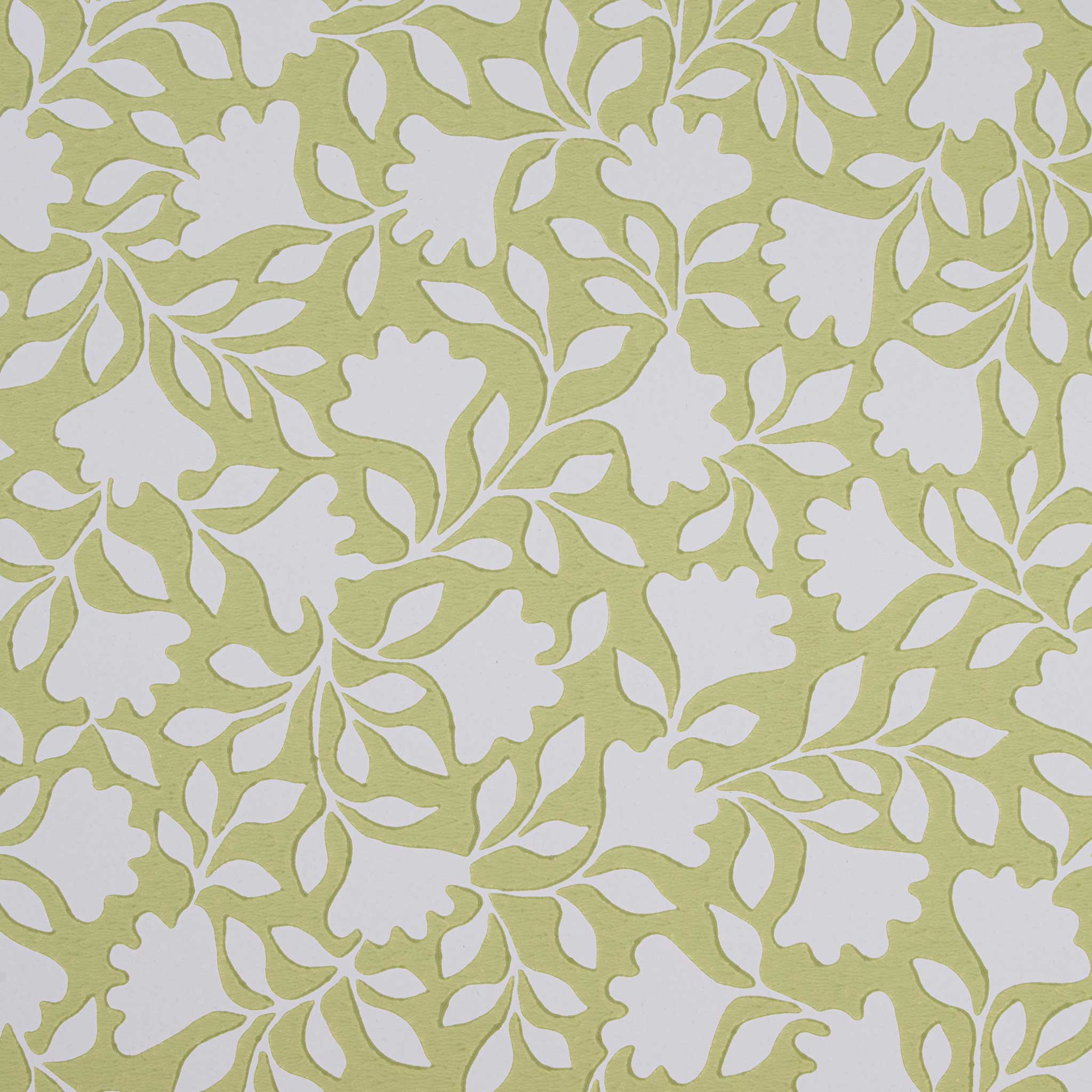 Close-up design of Ginkgo wallpaper in Moss Green, created by Nicola Harding.