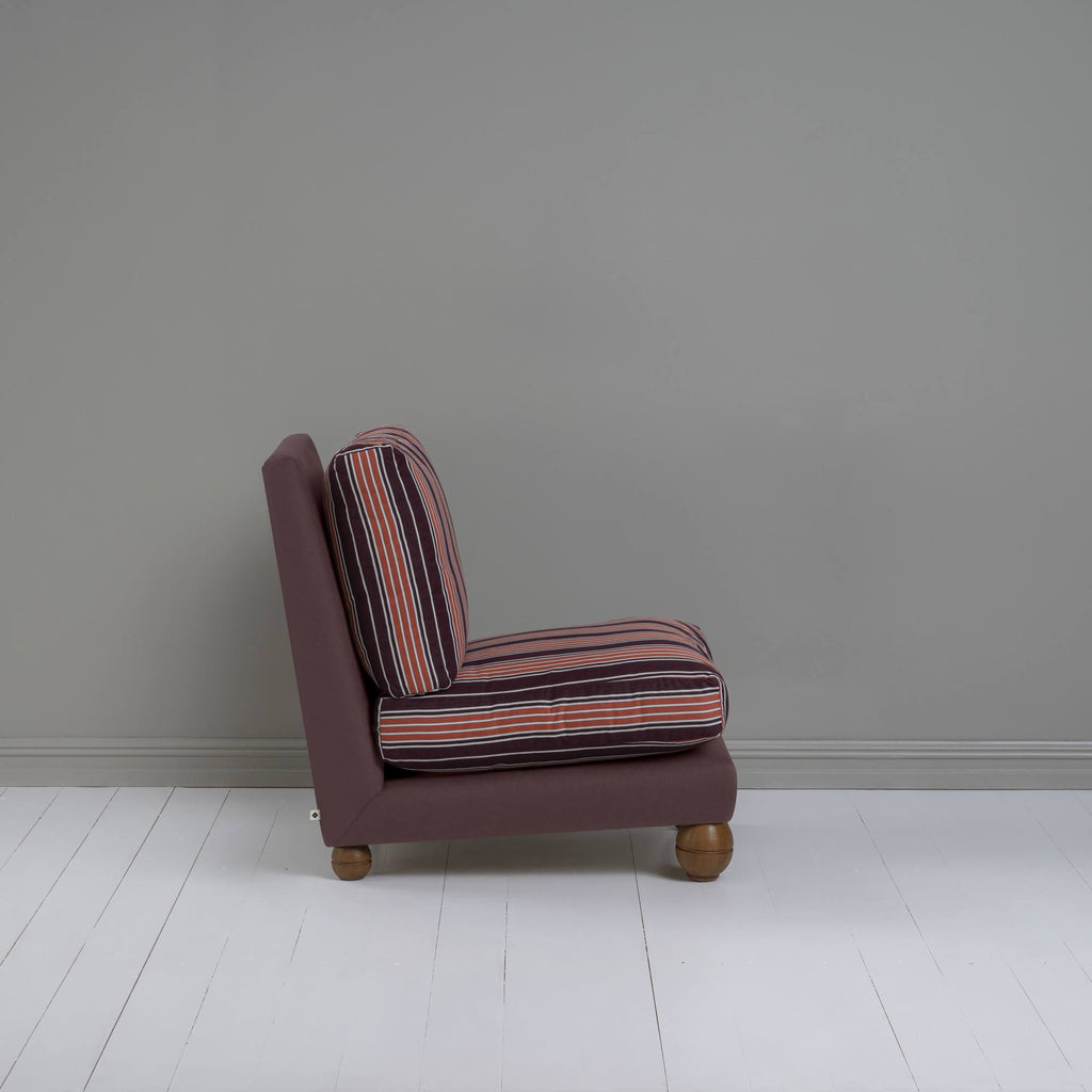 Perch Slipper Armchair in Laidback Linen Damson Frame, with Slow Lane Berry Seat Side View - NiX