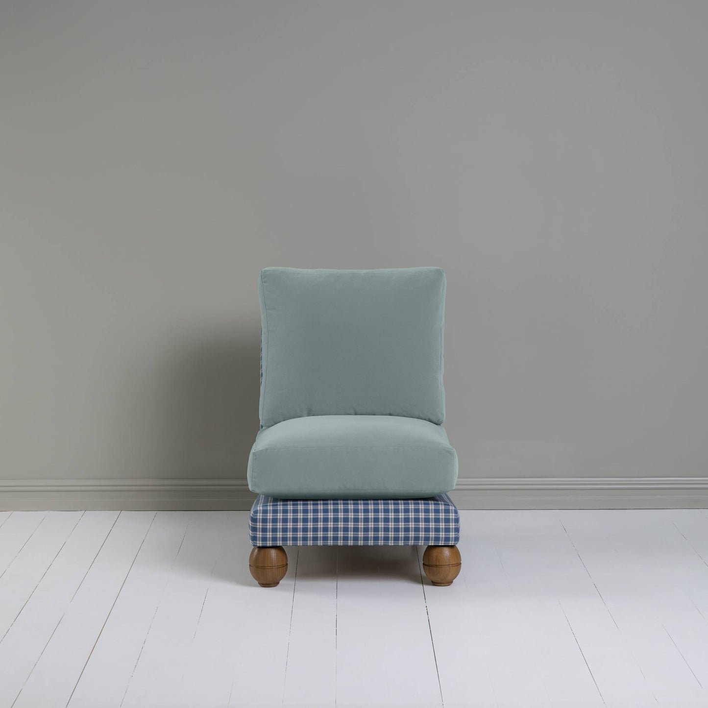 Perch Slipper Armchair in Well Plaid Frame and Intelligent Velvet Mineral Seat Front View - NiX