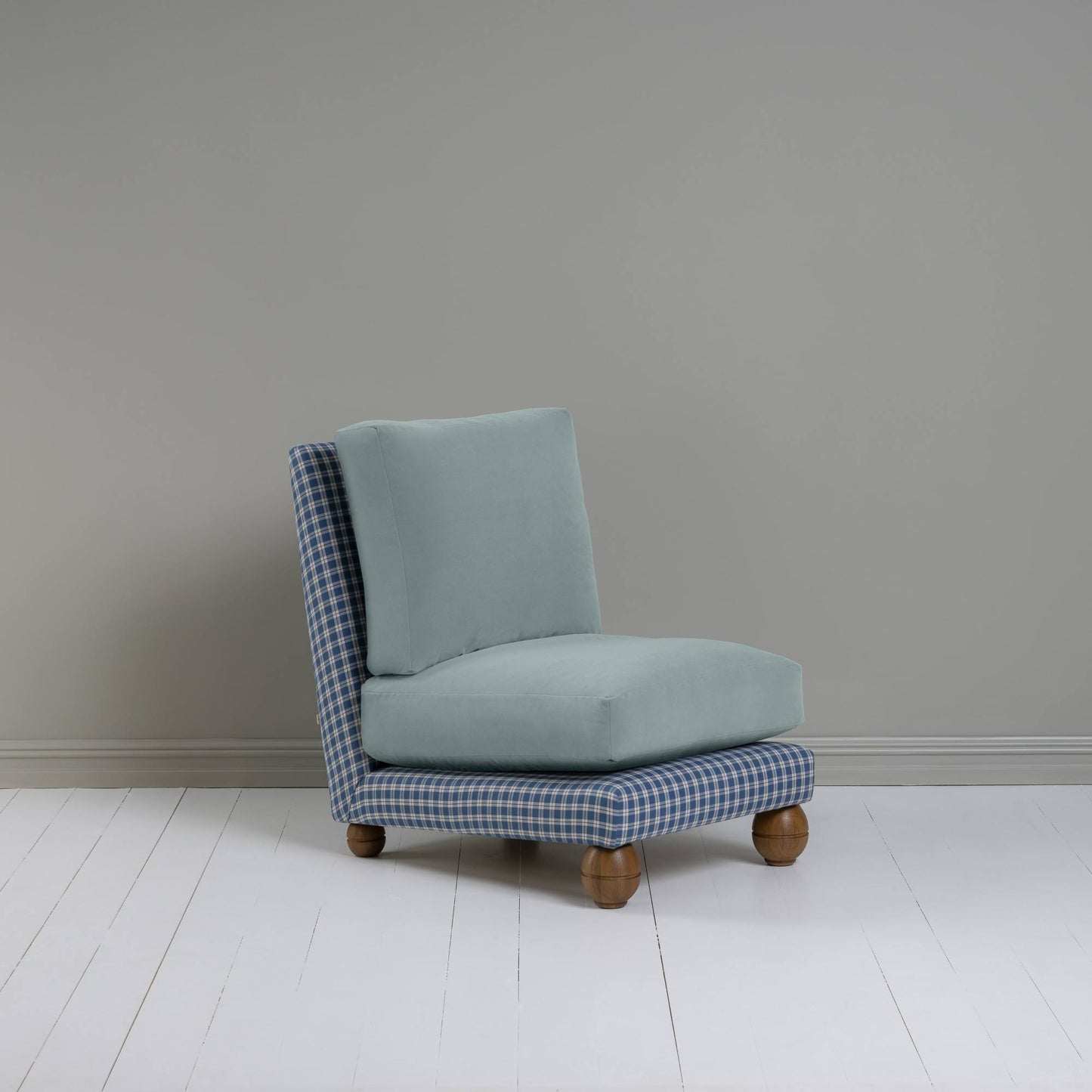 Perch Slipper Armchair in Well Plaid Frame and Intelligent Velvet Mineral Seat