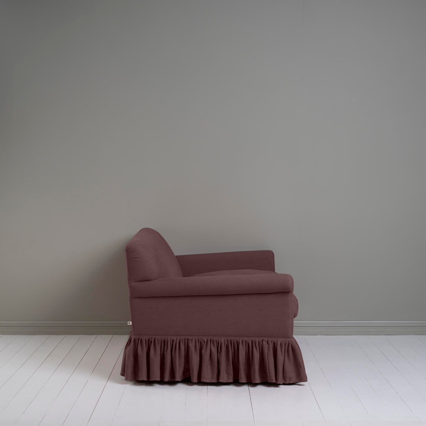 Curtain Call 2 Seater Sofa in Laidback Linen Damson, Side View - Nicola Harding