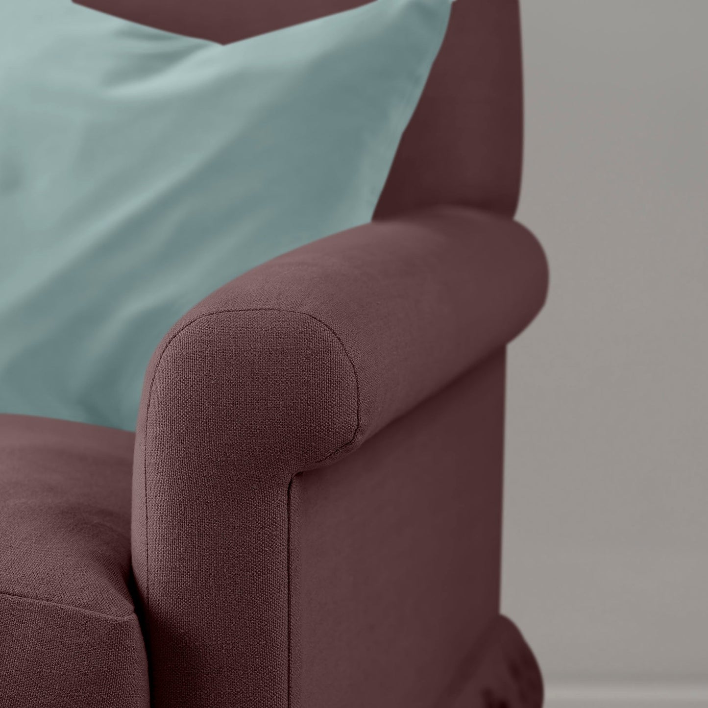 Curtain Call 2 Seater Sofa in Laidback Linen Damson, Arm Closeup - Nicola Harding