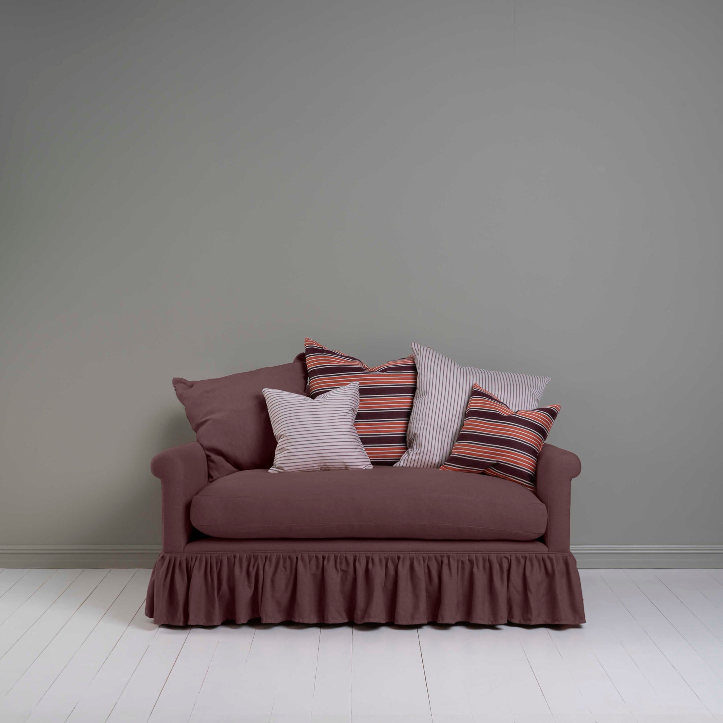 Curtain Call 2 Seater Sofa in Laidback Linen Damson, With Five NiX Special Cushions - Nicola Harding