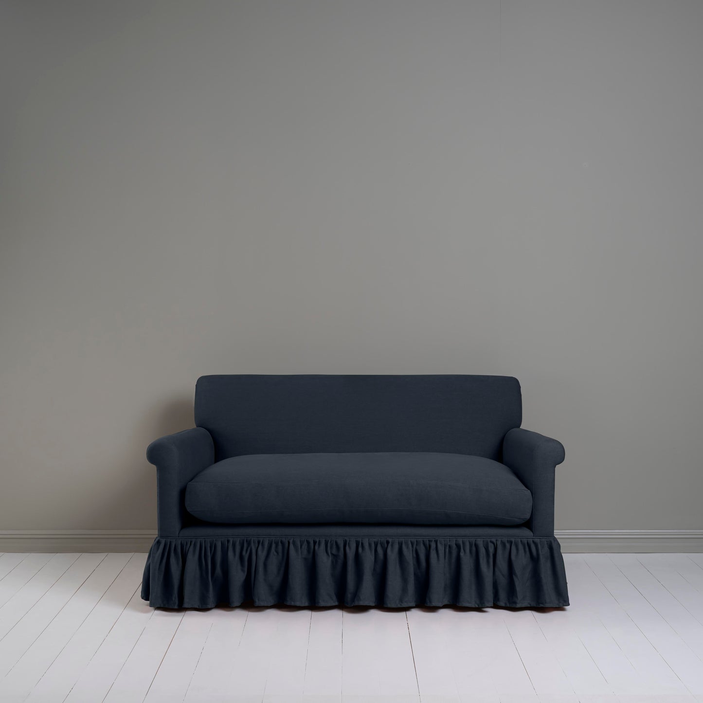 Curtain Call 2 Seater Sofa in Laidback Linen Midnight, Front View - Nicola Harding