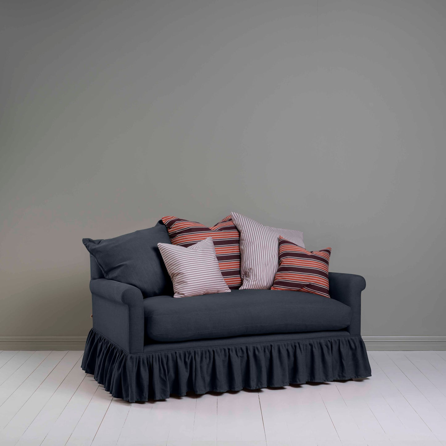 Curtain Call 2 Seater Sofa in Laidback Linen Midnight, With NiX Square Cushions - Nicola Harding