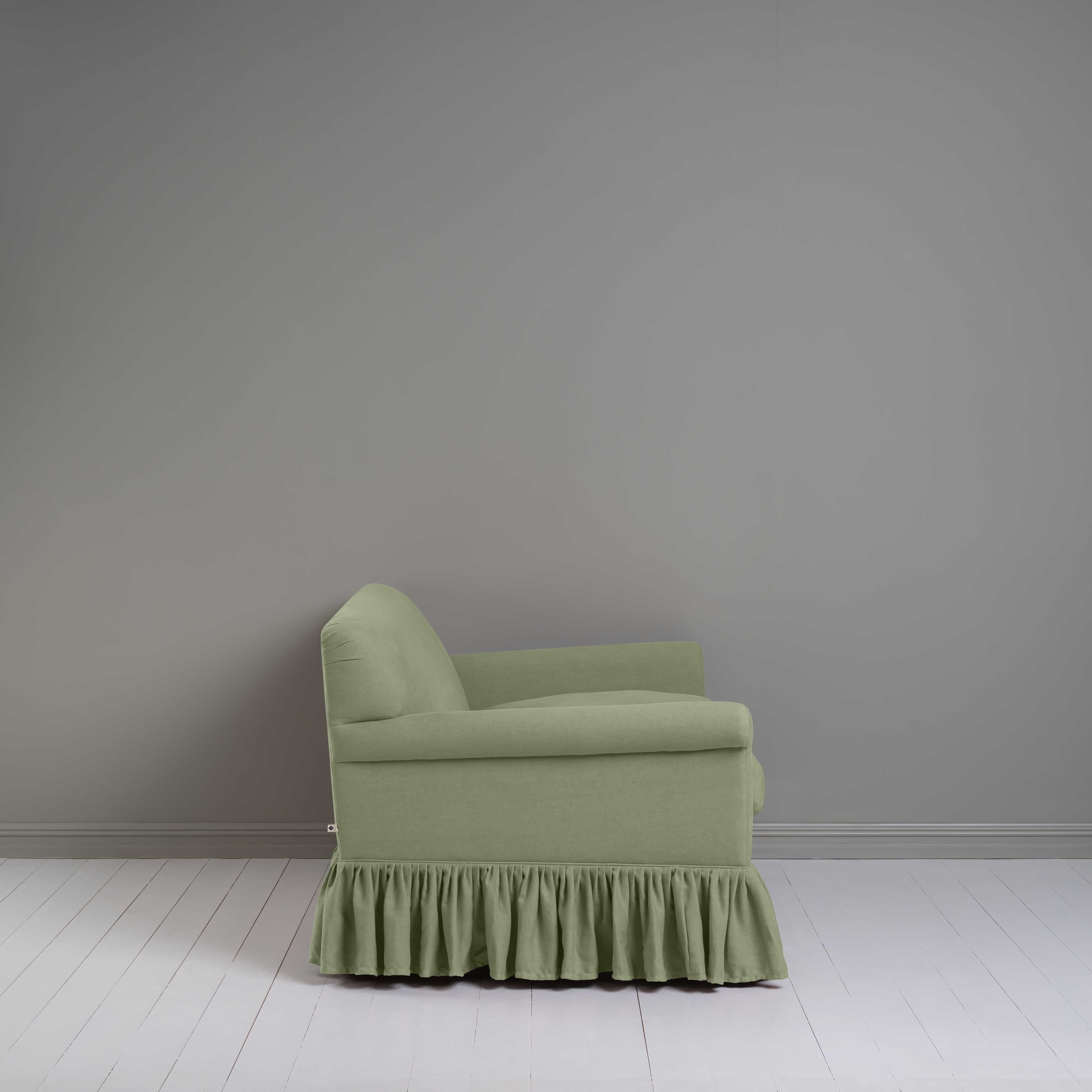  Curtain Call 2 Seater Sofa in Laidback Linen Moss, Side View - Nicola Harding 