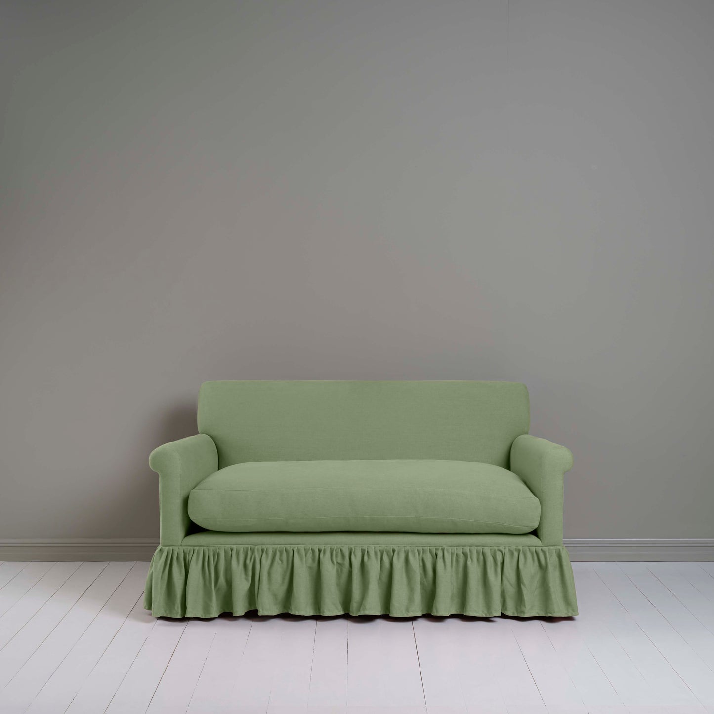 Curtain Call 2 Seater Sofa in Laidback Linen Moss, Front View - Nicola Harding